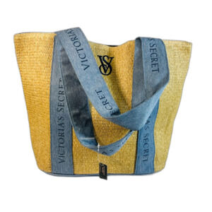 VS Victoria Secret Beach Tote Bag Pool Straw Raffia Woven Beige Blue Logo Boho